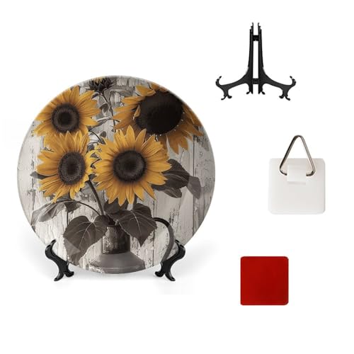 Kjdfhk Farmhouse Sunflower Bone China Decorative Plate Ceramic Decorative Plate for Home Office Wall Decor, with Vertical Stand Decorative Plates for Home Club