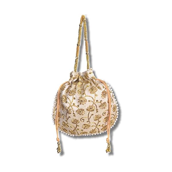 Embroidered Indian Ethnic Potli Bag for Women. Traditional, Handmade, Perfect for Weddings and Other Special Occasions, Gold, Large - Image 8