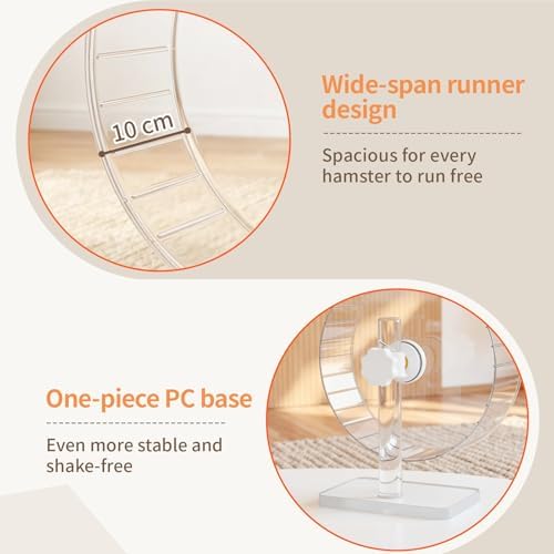 Ruexue 27cm (11 Inch) Silent Hamster Wheel - Large Clear Running Wheel with Adjustable Stand - Quiet Spinning Exercise Wheel for Syrian Hamsters, Gerbils, Hedgehogs and Small Animals, Transparent - 3