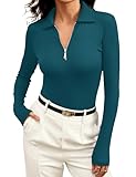 Meetrendi Women's Long Sleeve Business Casual Collared Work Top Half Zip Slim Fitted Ribbed Work Blouse for Fall Office Turquoise