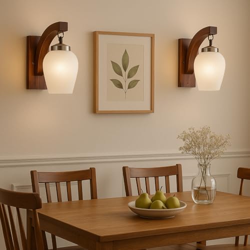 Image of BENE Birch Wooden Indoor Modern Wall Lamp, E-27 Base Wall Light for Home Decor, Kitchen, Living Room, Bedroom, 12 cm (Light Brown, Pack of 2)