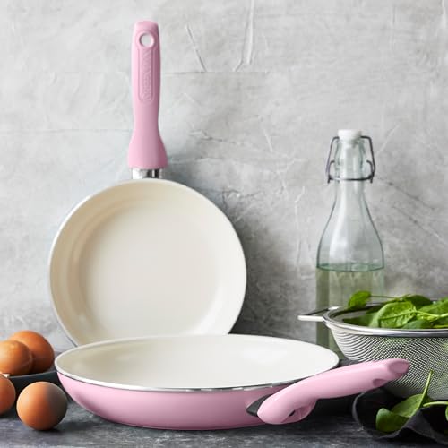Image of GreenPan Rio Hard Anodized Healthy Ceramic Nonstick, 7 inch 9.5 inch and 11 inch 3 Piece Frying Pan Skillet Set, Soft Grip Handle, PFAS-Free, Dishwasher Safe, Oven Safe, Pink