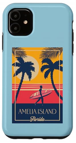 Amelia Island Florida Retro Surfer Beach Sunset Coque pour iPhone 11