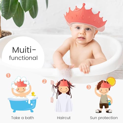 Image of FUNUPUP Baby Shower Cap for Kids, Baby Bath Shampoo Visor Cap Hair Washing Shield Adjustable, Pink Crown