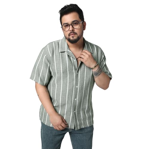Image of Urbano Plus Men's Cotton Half Sleeve Relaxed Fit Linen Striped Shirt with Cuban Collar