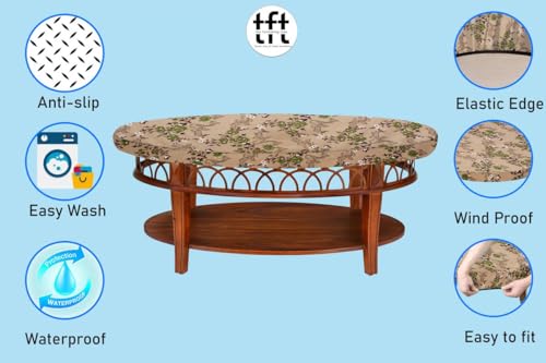 Image of The Furnishing Tree Elastic Oval Center Table Cover WxL 16x36 in Inches Polyester Floral Pattern Beige