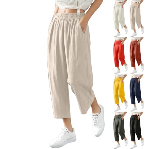 Womens Capris Cotton Linen Casual Summer Loose Elastic Waist Pull On Cropped Pants with Pockets Petite Palazzo Pants
