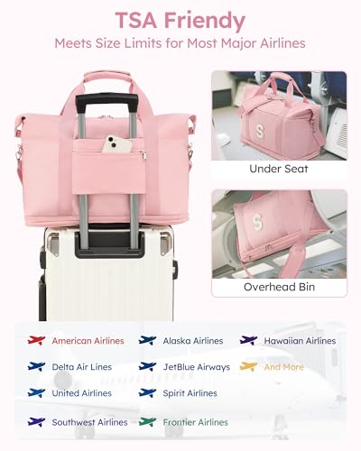 Gifts for Granddaughter, Initial Personalized Travel Duffle with Shoe Compartment, Monogram Travel Duffel with Makeup Pouches, Girls Dance Bag, Kids Weekender Overnight Bag, Pink, Letter S4