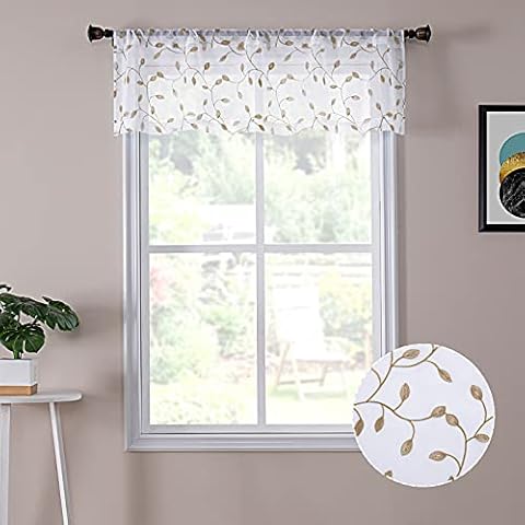Tollpiz Leaves Sheer Valance Curtains Taupe Leaf Embroidery Bedroom Curtain Rod Pocket Voile Curtains for Living Room, 54 x 16 inches Long, Set of 1 Panel Cover