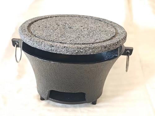 Griglia vulcanica scanalata combinata con bruciatori a carbone in ghisa, diametro 22,1 cm, adatta per 2-3 persone, barbecue in famiglia, barbecue portatile da campeggio, barbecue in pietra vulcanica.