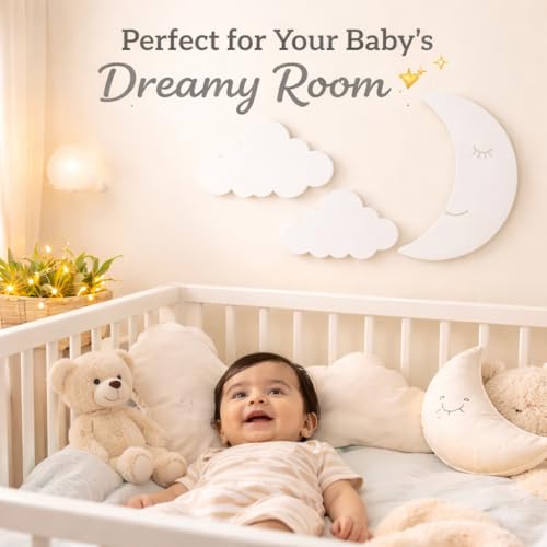Image of Moon & Cloud Wall Decor Set (4 Pcs) for Kids Room | Nursery Decoration Items | Baby Room Hanging Wall Decor | Wooden DIY Cutouts for Bedroom & Baby Shower (White)
