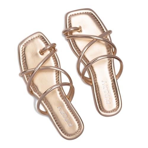 Image of FITORY Women's Slide Sandals Flat Toe Ring Thongs with Cross Strap for Summer Size 9 Gold