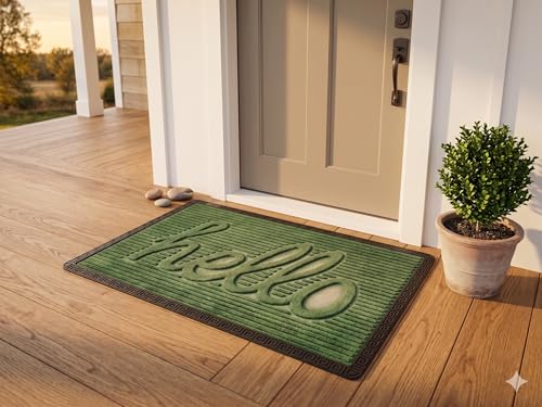 Image of Heavy Duty Front Door Mat 2x3 Feet, Outdoor Indoor Welcome Mat, Non Slip Dirt Trapper Entrance Rug for Entryway, Patio & Porch,Washable Low Profile Hello Mat (Green Hello 2 x 3 Feet)