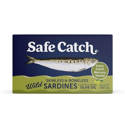 Safe Catch Wild Sardines in Extra Virgin Olive Oil Wild-Caught Skinless Boneless Sardine Fillets Lowest Mercury Limit, Keto Food Kosher Non-GMO Sardines Pack of 12 4.4oz Tins