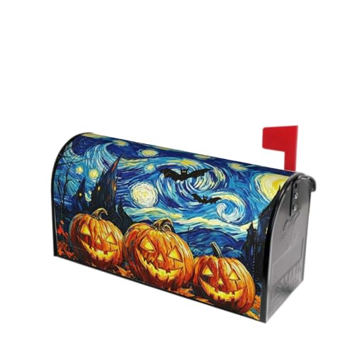 Image of Halloween Pumpkin Starry Night Mailbox Cover Magnetic 21x18 Inch | Fall Autumn Spooky Castle Bats Horror Mailbox Wrap Post Cover Standard Size for Garden Yard Outdoor Outside Holiday Decor