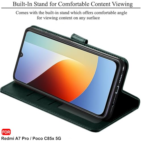Image of TheGiftKart Genuine Leather Finish Flip Back Cover Case for Mi Redmi A7 Pro /Poco C85x 5G / C81 | Inbuilt Pockets & Stand | Designer Button Magnet Flip Back Cover Case (Faux Leather, Green)