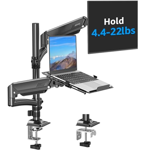 MOUNTUP Laptop and Monitor Desk Mount, Laptop Tray for Max 17' Notebook, Monitors Arm Fits up to 32' Monitor, Laptops Arm Holds 4.4-22lbs, 2-in-1 Tall Laptops Mount with Clamp/Grommet