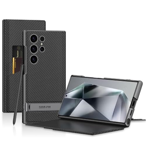 Image of Midkart Leather Flip Cover Compatible with Samsung Galaxy S23 Ultra with Card Holder Built-in Kickstand Inner Hard PC Full Body and Camera Protection Case, Fiber Black