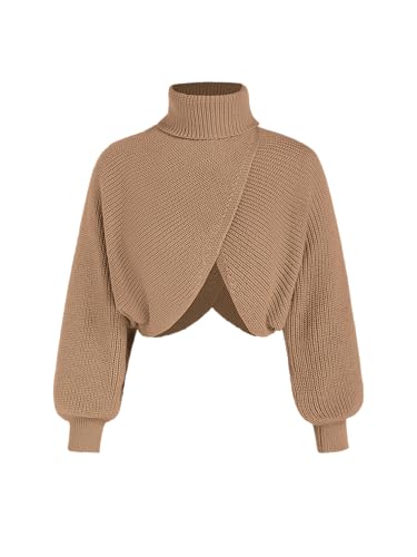 CIDER Cropped Sweaters for Women Turtleneck Sweater Long Sleeve Ribbed Knit Lantern Sleeve Pullover Fall Outfits: Khaki, L