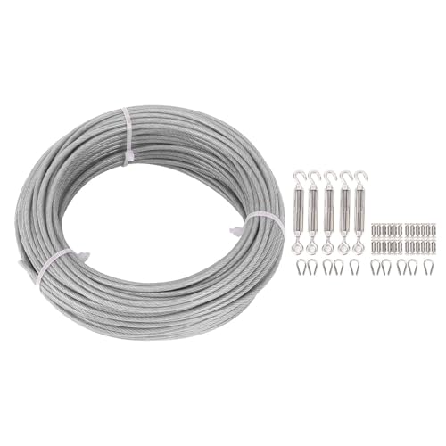 1/8in Steel Wire Rope Kit, 304 Stainless Steel Cable Set, for Hanging Lights, Plants, 100ft Garden Clothesline Wire