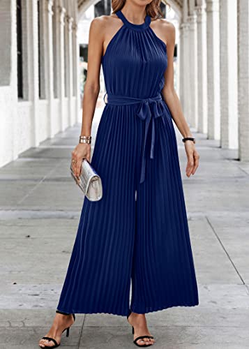 Kirundo 2023 Women Summer Halter Neck Sleeveless Pleated High Waist Belted Dressy Wide Leg Pant One Piece Jumpsuits Romper(Navy, Small) #TOP2