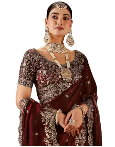 Image of Sidhidata Women's Soft Fandy Satin Embroidered Saree With Multi Sequence Cut Work Boarder & Comes With Unstitched Blouse Piece (Jimmy Free Size)