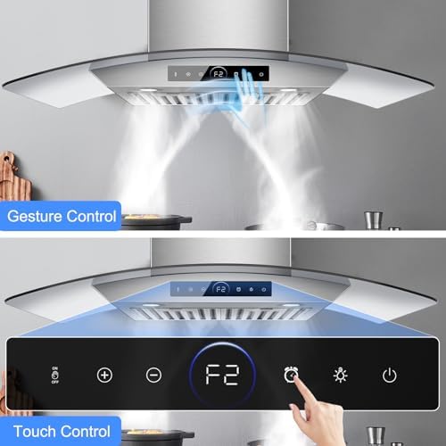30 inch Wall Mount Range Hood, 1200 CFM with 4-Speed Gesture Sensing & Touch Control, Stainless Steel Kitchen Stove Vent Hoods with 2 LED Lights, Time Setting, Dishwasher-Safe Baffle Filters - 2