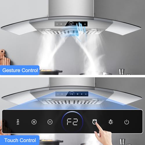 Image of 36 inch Range Hood Wall Mount, 1200 CFM with 4-Speed Gesture Sensing & Touch Control, Stainless Steel Ducted Kitchen Stove Vent Hoods with 2 LED Lights, Time Setting, Dishwasher-Safe Baffle Filters