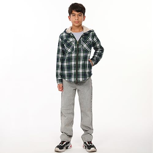 Image of ThCreasa Boys Plaid Flannel Jackets Sherpa Lined Zip Up Long Sleeve Warm Flannel Shirt with Hood