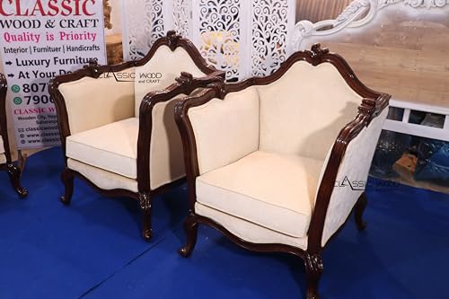 Image of CLASSIC WOOD & CRAFT Luxury Wooden Sofa Set with Center Table | Hand-Carved Solid Teak Wood Sofa Set with Upholstery | Royal Living Room Furniture for Home (Cream Dark Walnut 7 Seater)