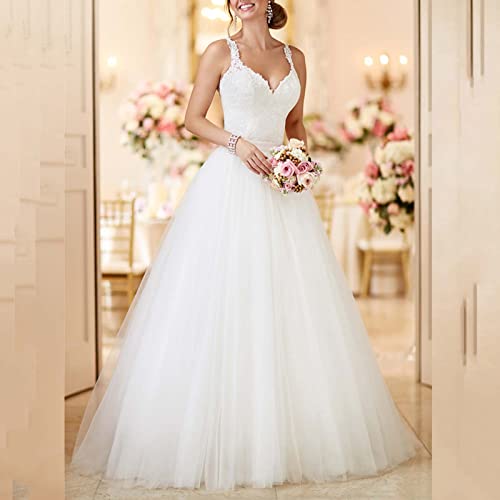 RyanBm Weiß Brautkleider Hochzeitskleider Satzes des 2 Brautkleid mit Abnehmbarem Rock Ärmellos Sexy V-Ausschnitt Spitze Tüll Applikationen Hochzeitskleid White 34 Cover