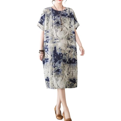 Image of LUZU JUNU Women's Summer Baggy Plus Size Loose Cotton Linen Long Boho Beach Dress with Pockets