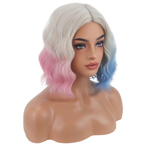 Image of BERON Women Short Platinum Ombre Pink and Blue Side Part Wigs Girls Colorful Shoulder Length Heat Resistant Synthetic Wig for Cosplay Costume Party or Daily