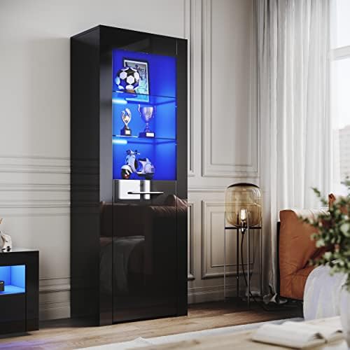 ELEGANT Black Gloss Sideboards Cupboard Tall Display Unit with LED Lights, 5Tier