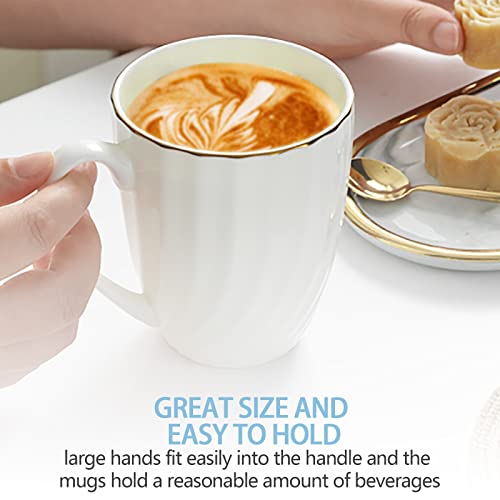 Graciri 12 Oz Fine Bone China Coffee Mugs Set Of 4, White Coffee Mugs With Strip Design #TOP2