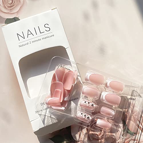 Medium Square Press On Nail French Tip Fake Nail, Full Cover Glossy Glue On Nails False Nails With Rhinestones Flowers Designs Medium White Nail Tips Pink Acrylic Nails For Women 24 Pcs #TOP4