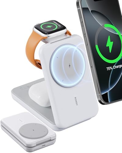 RORRY Portable Charger, 3-in-1 Charging Station 10000mAh Portable Charger Power Bank for MagSafe Foldable Battery Pack Travel for iPhone 17/16/15/14/13/12, for Apple Watch 11/10/9/8/7/Ultra/3/2, White