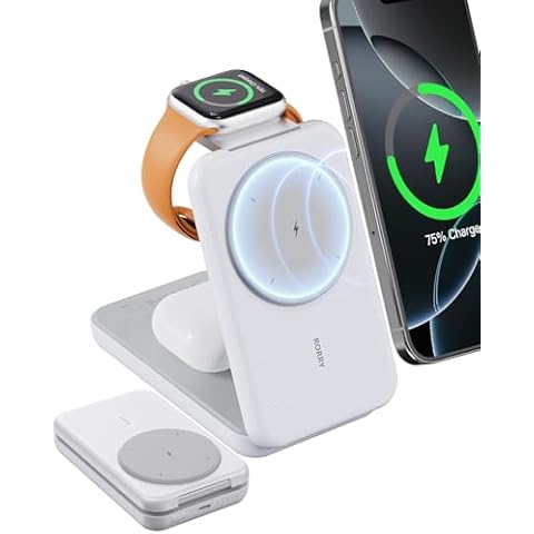 RORRY Portable Charger, 3-in-1 Charging Station 10000mAh Portable Charger Power Bank for MagSafe Foldable Battery Pack Travel for iPhone 16/15/14/13/12, for Apple Watch 10/9/8/7/6/5/Ultra/2, White Cover