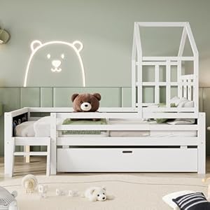 Merax Full Size Wood House Bed with Storage Drawers, Double-Sided Blackboards and Guardrails for Children's Room, Montessori Platform Bed Frame for Boys Girls Teens, Solid Wooden Slats Support, White Merax Full Size Wood House Bed with Storage Drawers Double Sided Blackboards and Guardrails for Childrens Room Montessori Platform Bed Frame for Boys Girls Teens Solid Wooden Slats Support White