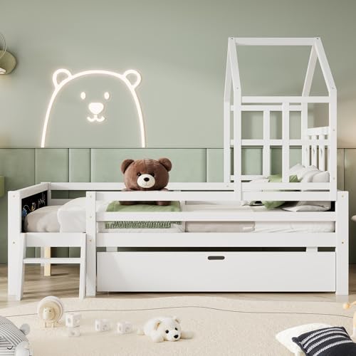 Merax-Full-Size-Wood-House-Bed-with-Storage-Drawers-Double-Sided-Blackboards-and-Guardrails-for-Childrens-Room-Montessori-Platform-Bed-Frame-for-Boys-Girls-Teens-Solid-Wooden-Slats-Support-White Merax Full Size Wood House Bed with Storage Drawers Double Sided Blackboards and Guardrails for Childrens Room Montessori Platform Bed Frame for Boys Girls Teens Solid Wooden Slats Support White