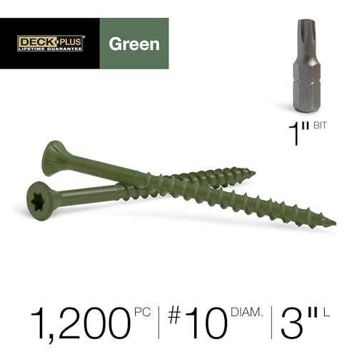 Image of Deck Plus 3 Inch Epoxy Coated Exterior Wood and Fence Screws #10 x 3 Torx /Star Drive Included Coarse Thread, Outdoor Rust Resistant Decking Screw, Green, 25lb Box, 1500 Pieces | 48711