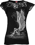 This chained, enslaved angel sits with her head hung in sorrow in the middle of a pentagram, surrounded by skulls of the Dead Lace layered cap sleeve top black is made of mainly 95% viscose 5% Elastane, jersey using skin friendly, azo-free, reactive ...