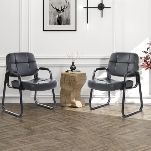 Image of CLATINA Big & Tall Waiting Room Guest Chair with Bonded Leather Padded Arm Rest and Sled Base for Office Reception Lobby and Conference Desk, Black(2 Pack)