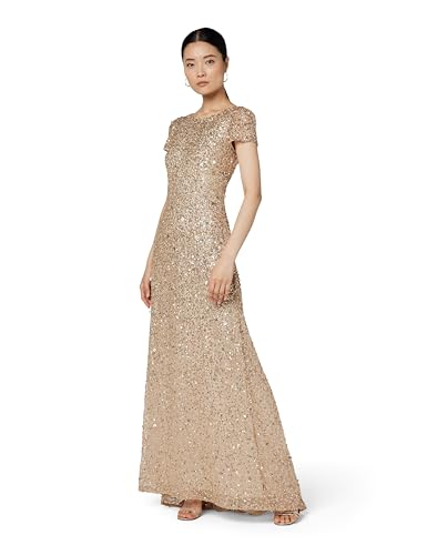 Adrianna Papell Women's Short-Sleeve All Over Sequin Gown, Champagne/Gold, 4