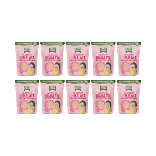 NaturGreen - Sal Rosa del Himalaya Fina Pack 10 x 500 g, Mineral 100% Pura y Natural, Sin Refinar, Sin Aditivos, Envase con Cierre ZIP, Calidad Gourmet, Ideal para Cocina Diaria