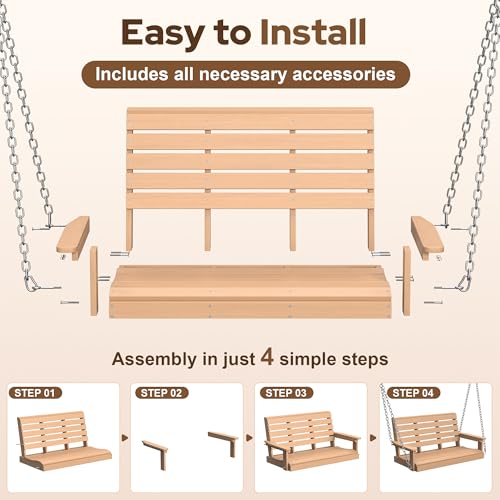 Image of Psilvam 4 FT 2-Seat Porch Swing, 660 LBS Hanging Chair Outdoor, Natural