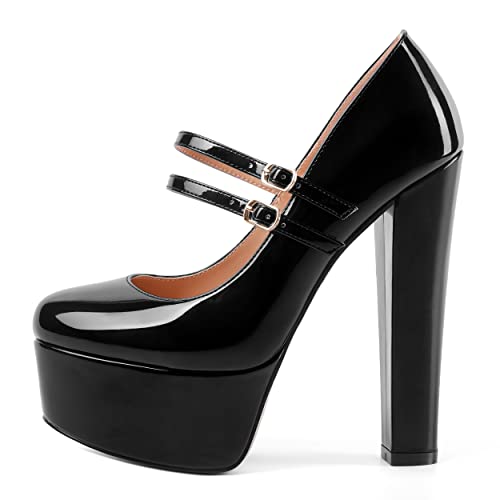 MOVINSTEPS Womens Night Club Round Toe Dress Patent Platform Dual Straps Buckle Mary Jane Block High Heel Pumps Shoes 6 Inch2