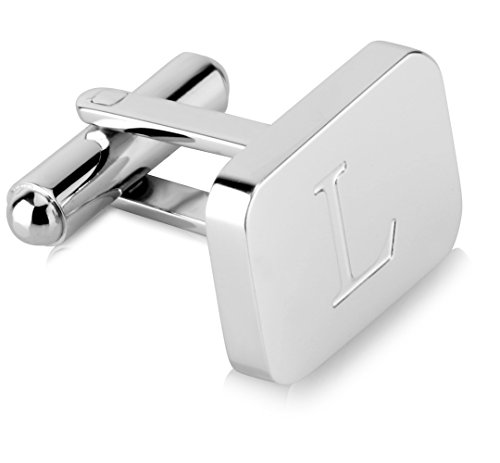 18K White-Gold Plated Initial Engraved Stainless Steel Men’s Cufflinks With Gift Box -Personalized Alphabet Letter’s A-Z By Lux & Pair (L- White Gold) #TOP2