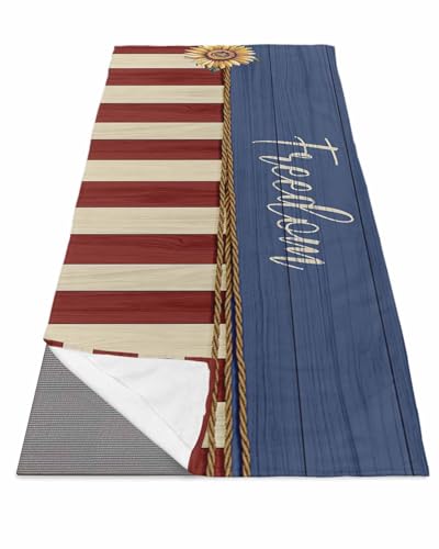 BOSIJOY Yoga Mat Towel,Independence Day Freedom Sunflower Non Slip Sweat Absorbent Hot Yoga Towels with Corner Pockets,Red Beige Blue Wooden Stripe Soft Microfiber Towel for Pilates Bikram 70