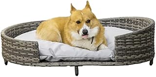 PawHut Wicker Dog Sofa with Soft Water-resistant Cushion, Rattan Cat Bed Raised Pet Bed Hand Woven with Washable Cover Indoor Outdoor Use, for Large Sized Dogs